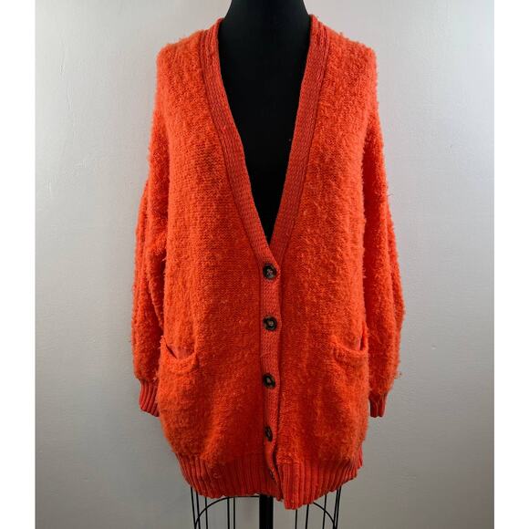 Free People Orange Snow Drop Knit Button-Up Oversized V-Neck Cardigan Sweater S - Picture 2 of 8